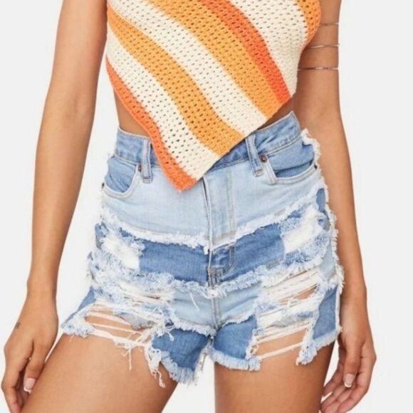 🆕️🆑 American Bazi Soul Happy Patchwork Denim Shorts High Waisted Frayed Hems S - Picture 2 of 5